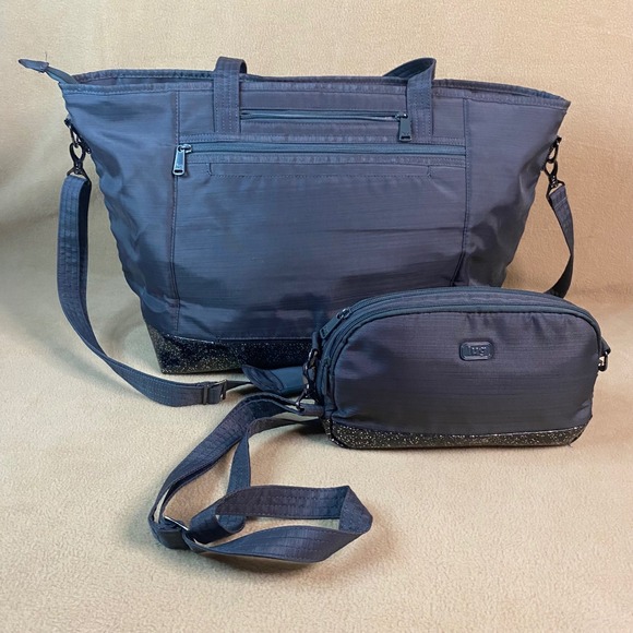Lug Avion & Punter Quilted Tote Bag Set Sparkle Bottom Gray Travel Weekender EUC - Picture 2 of 13